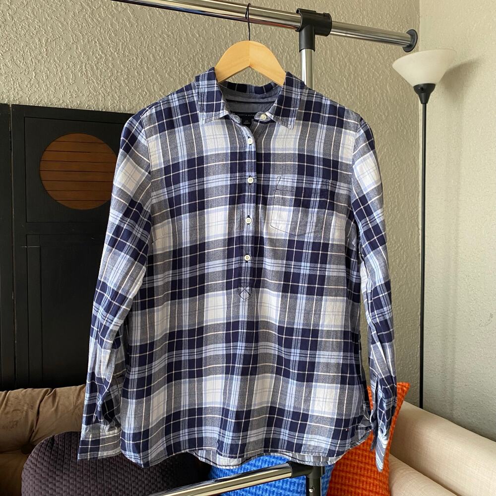 Tommy Hilfiger Plaid Shirt Button Up Long Sleeve Blue White Large Preppy Casual